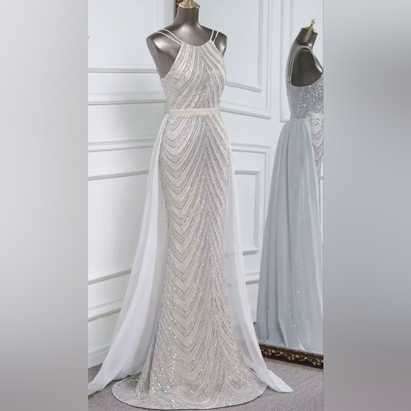 Silver,  O Neck, Sleeveless,  Detachable Skirt, Sequined Mermaid Gown - Picture 13 of 15